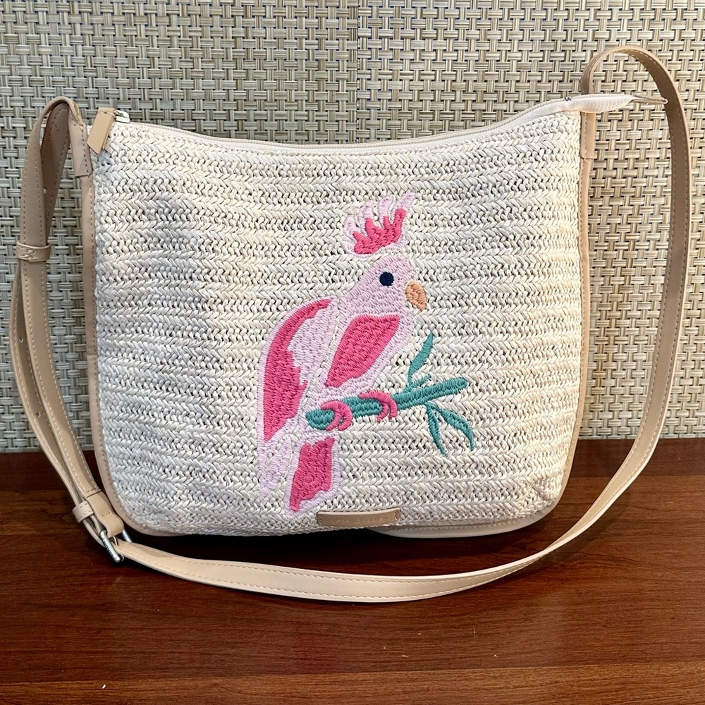🌟HP🌟NWOT Vera Bradley Embroidered Pink Cockatoo Raffia Straw Slim Crossbody